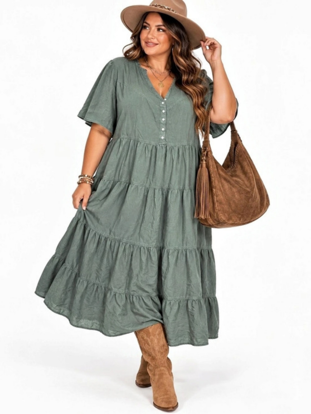 Nurture by Westbound Women 3X Sage Green Lyocell Tiered Maxi Dress Western Boho